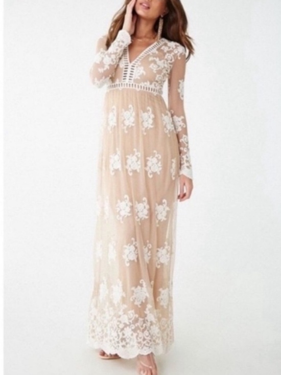 Forever 21 Dresses & Skirts - Forever 21 Nude Lace Long Sleeve Maxi Dress with White Embroidery